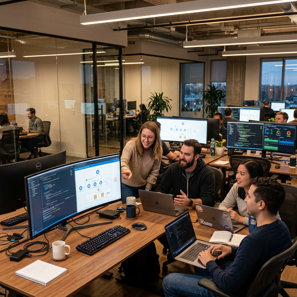 Epsilon Infinity Services founding team collaborating in a modern office